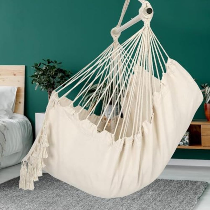 Travel Canvas Hammock Chair Hanging Rope Swing Seat with Wooden Spreader Bar Indoor and Outdoor Hanging Chair for Garden, Patio, Balcony, Bedroom, Camping and Relaxation White - Image 3