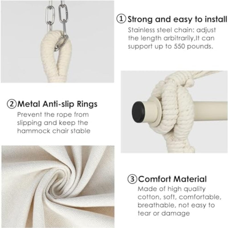 Travel Canvas Hammock Chair Hanging Rope Swing Seat with Wooden Spreader Bar Indoor and Outdoor Hanging Chair for Garden, Patio, Balcony, Bedroom, Camping and Relaxation White - Image 4