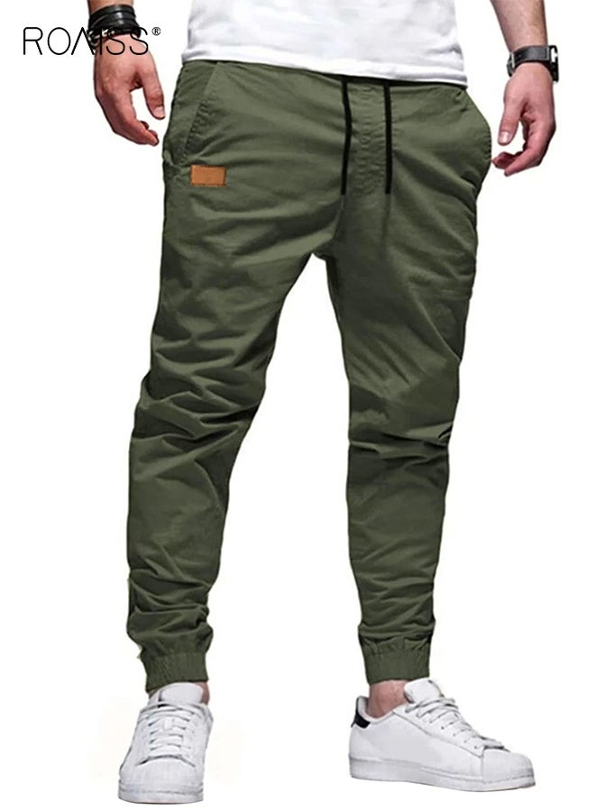 roaiss Men's Joggers Drawstring Outdoor Hiking Pants Casual Stretch Elastic Waist Track Pants Twill Jogging Sweatpants, Adjustable Drawstring Belted Ankle-Length Casual Pants for Men Green  - Image 1