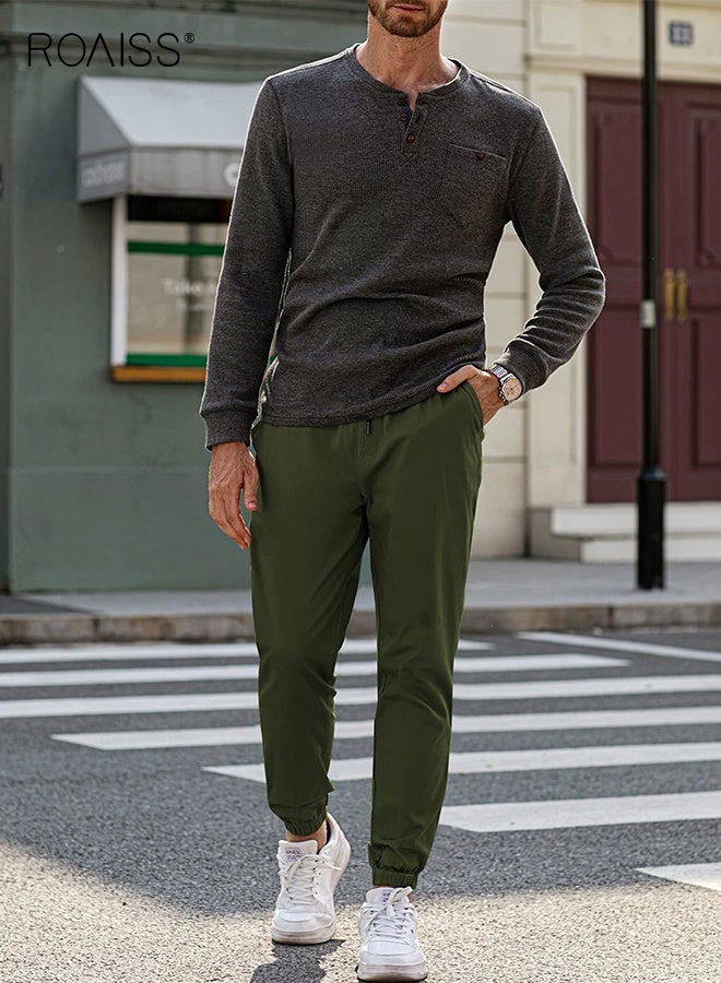 roaiss Men's Joggers Drawstring Outdoor Hiking Pants Casual Stretch Elastic Waist Track Pants Twill Jogging Sweatpants, Adjustable Drawstring Belted Ankle-Length Casual Pants for Men Green  - Image 4