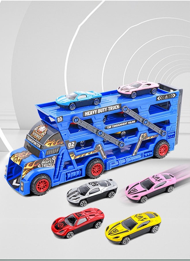 GROIC Vehicle Playset Hauler Carrier Truck with Track, Launcher, 6 Metal Die-Cast Vehicles, Construction and Race Cars Toys Launch and Haul Push Pull Around Gift for Boys Kids Eye-Hand Coordination  - Image 5