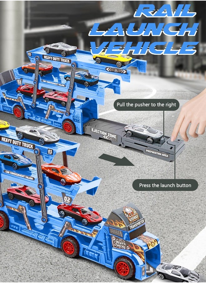 GROIC Vehicle Playset Hauler Carrier Truck with Track, Launcher, 6 Metal Die-Cast Vehicles, Construction and Race Cars Toys Launch and Haul Push Pull Around Gift for Boys Kids Eye-Hand Coordination  - Image 2