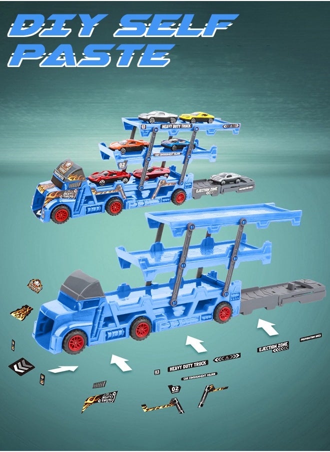 GROIC Vehicle Playset Hauler Carrier Truck with Track, Launcher, 6 Metal Die-Cast Vehicles, Construction and Race Cars Toys Launch and Haul Push Pull Around Gift for Boys Kids Eye-Hand Coordination  - Image 3