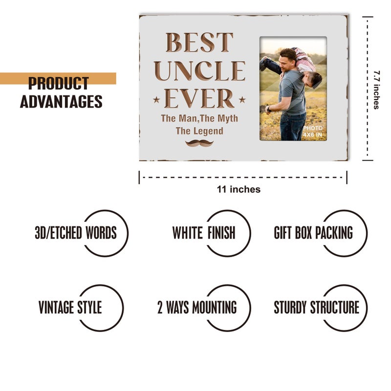 EXQUIDECA Best Uncle Ever Gifts from Niece Nephew - Engraved Uncles Picture Frames 4x6 Inches - Carving Father's Day Birthday Christmas Photo Gift for Men - Image 2