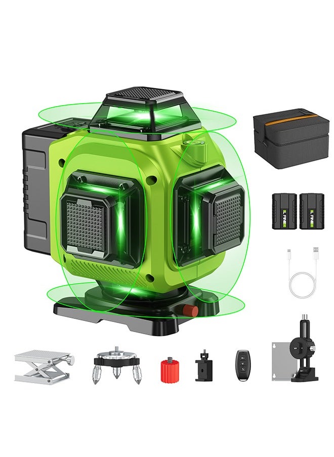 Laser Level 4x360° Self Leveling 16 Lines 4D Horizontal Vertical Green Beam Laser Level Tool with 2Pcs Rechargeable Li-ion Batteries