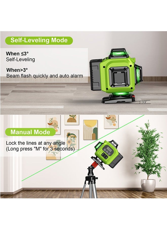 Laser Level 4x360° Self Leveling 16 Lines 4D Horizontal Vertical Green Beam Laser Level Tool with 2Pcs Rechargeable Li-ion Batteries