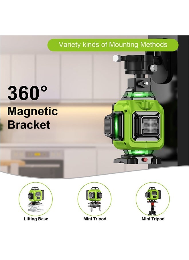 Laser Level 4x360° Self Leveling 16 Lines 4D Horizontal Vertical Green Beam Laser Level Tool with 2Pcs Rechargeable Li-ion Batteries