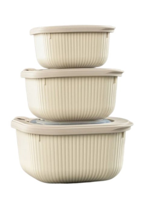 Plastic square food container set airtight storage boxes safe use for microwave & fridge vacuum lid 600-1100-1800 ml beige