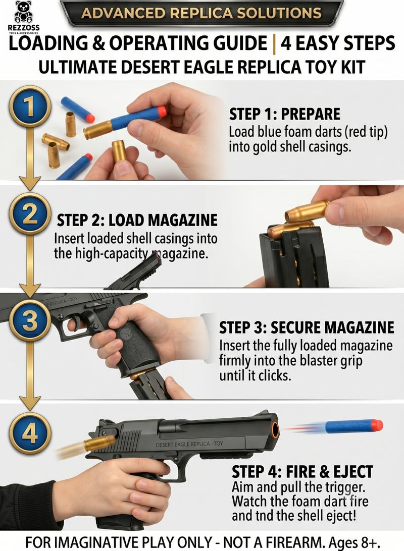 REZZOSS Ultimate Foam Dart Blaster Toy Kit 1:1: Scale Model – Manual Cocking Slide Action Launcher with Shell Ejection Simulation | Includes 10 Soft Foam Darts, 8 Gold Casings & Detachable Mock Suppressor | Best Outdoor Active Game Gift for Kids Ages 8+ - Image 3