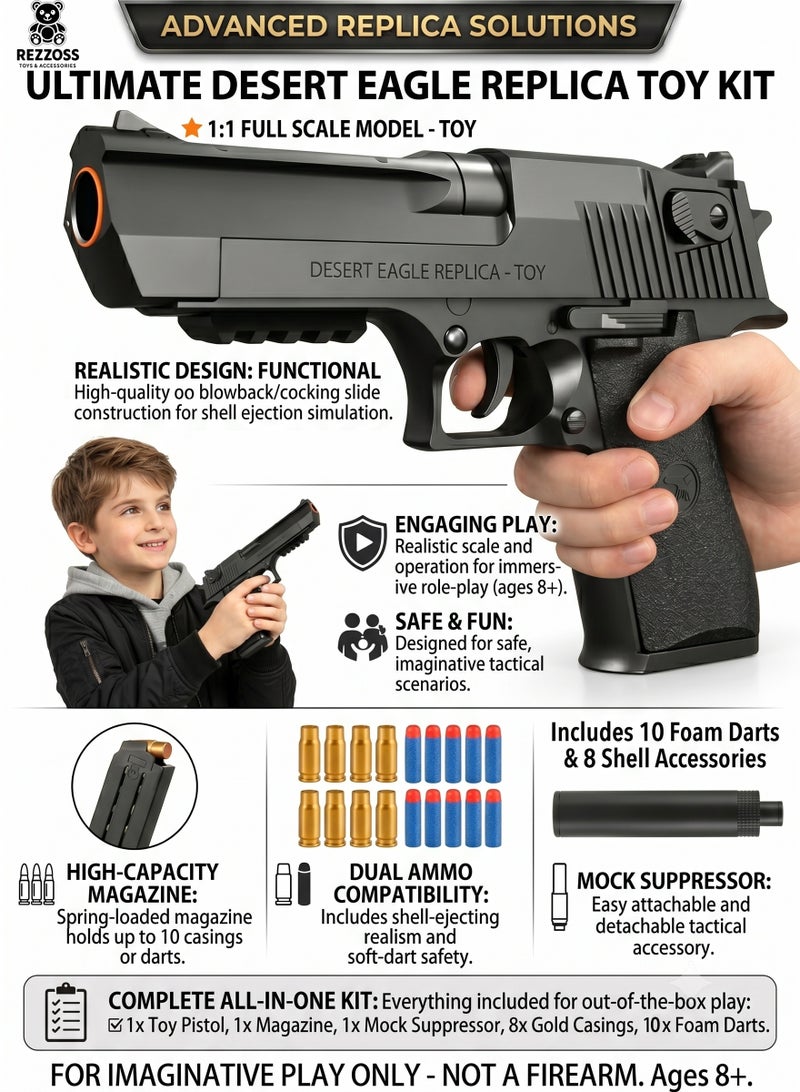 REZZOSS Ultimate Foam Dart Blaster Toy Kit 1:1: Scale Model – Manual Cocking Slide Action Launcher with Shell Ejection Simulation | Includes 10 Soft Foam Darts, 8 Gold Casings & Detachable Mock Suppressor | Best Outdoor Active Game Gift for Kids Ages 8+ - Image 2