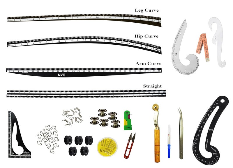 NVR tailoring combo kit 4 shape Fiber Scale French Curve Arm HoleTracing wheel Seam ripper bobbin 5qty Tape Cutter Threader Needle pack Hooks Hook Eye Tringle and Tweezer
