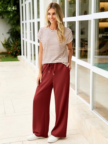 Glamaker Lounge Sets for Women 2 Piece Outfits Short Sleeve T Shirts Wide Leg Pants Casual Sweatsuits Tracksuit Sets Wine red S - Image 3