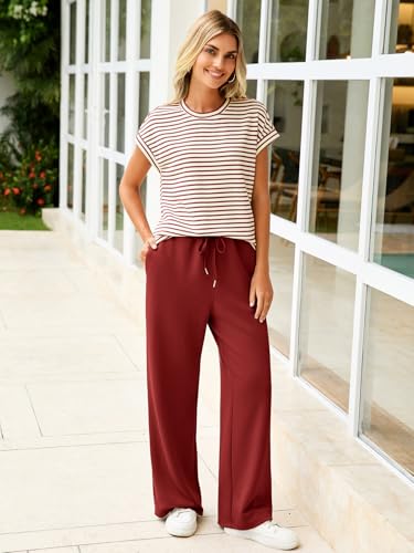 Glamaker Lounge Sets for Women 2 Piece Outfits Short Sleeve T Shirts Wide Leg Pants Casual Sweatsuits Tracksuit Sets Wine red S - Image 2