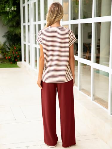 Glamaker Lounge Sets for Women 2 Piece Outfits Short Sleeve T Shirts Wide Leg Pants Casual Sweatsuits Tracksuit Sets Wine red S - Image 4