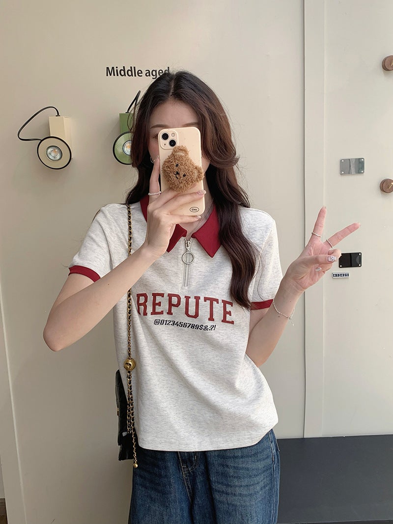 College Style Polo Collar Half-Zip Short-Sleeve T-Shirt For Women, Summer 2024, Printed Short Lapel T-Shirt Top, Trendy Color-Blocking - Image 5
