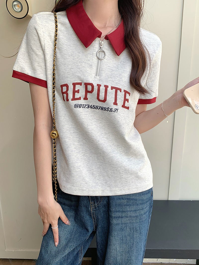 College Style Polo Collar Half-Zip Short-Sleeve T-Shirt For Women, Summer 2024, Printed Short Lapel T-Shirt Top, Trendy Color-Blocking - Image 3