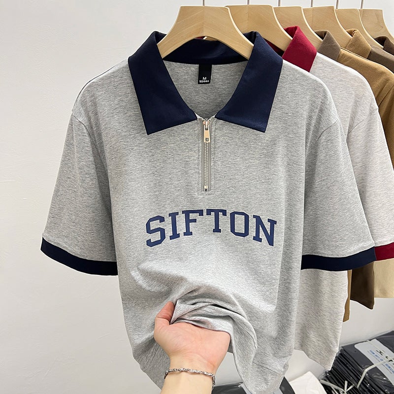 College Style Polo Collar Half-Zip Short-Sleeve T-Shirt For Women, Summer 2024, Printed Short Lapel T-Shirt Top, Trendy Color-Blocking - Image 1