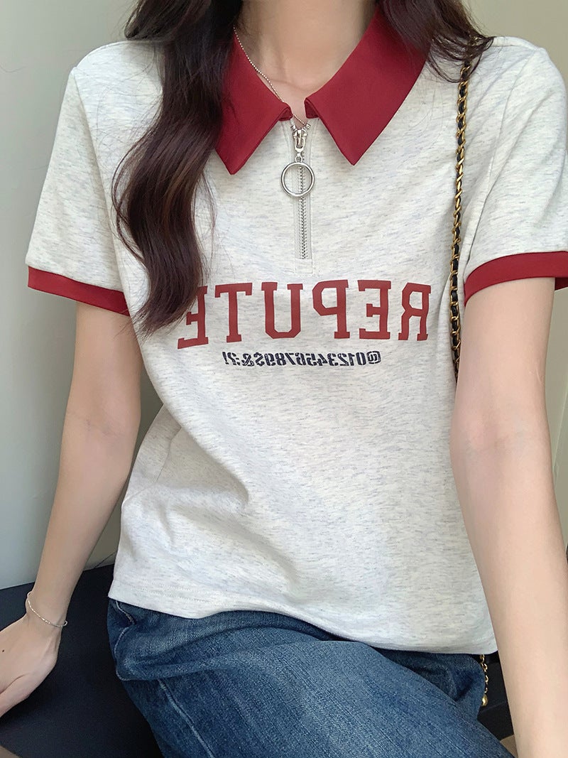 College Style Polo Collar Half-Zip Short-Sleeve T-Shirt For Women, Summer 2024, Printed Short Lapel T-Shirt Top, Trendy Color-Blocking - Image 2