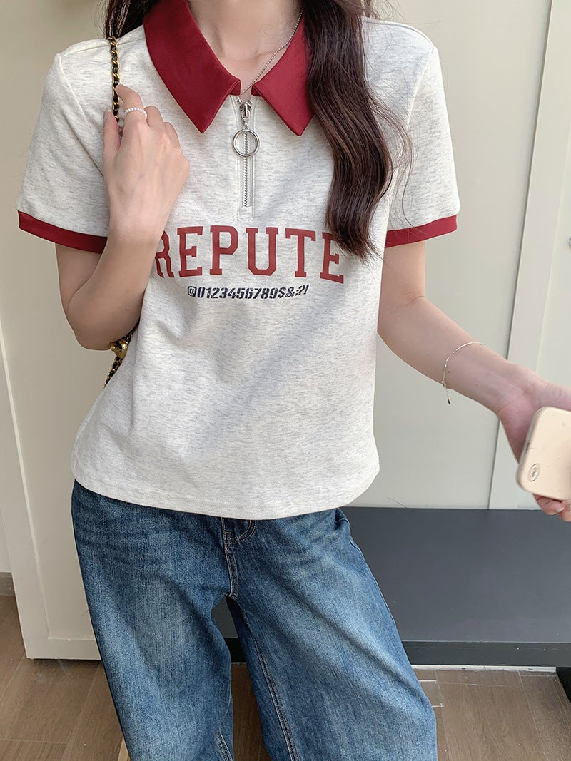 College Style Polo Collar Half-Zip Short-Sleeve T-Shirt For Women, Summer 2024, Printed Short Lapel T-Shirt Top, Trendy Color-Blocking - Image 4
