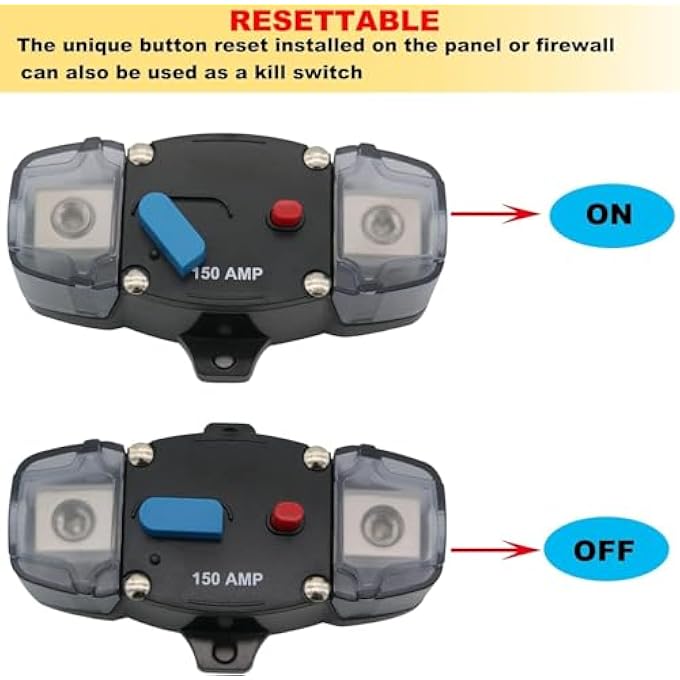 ريحني قاطع الدائرة 150A 1248 فولت تيار مستمر مقاوم للماء وإعادة ضبط تلقائي لحماية الدائرة الكهربائية، مفتاح طاقة ثقيل للصوت في السيارات RV، القوارب البحرية وأنظمة الطاقة الشمسية - Image 4