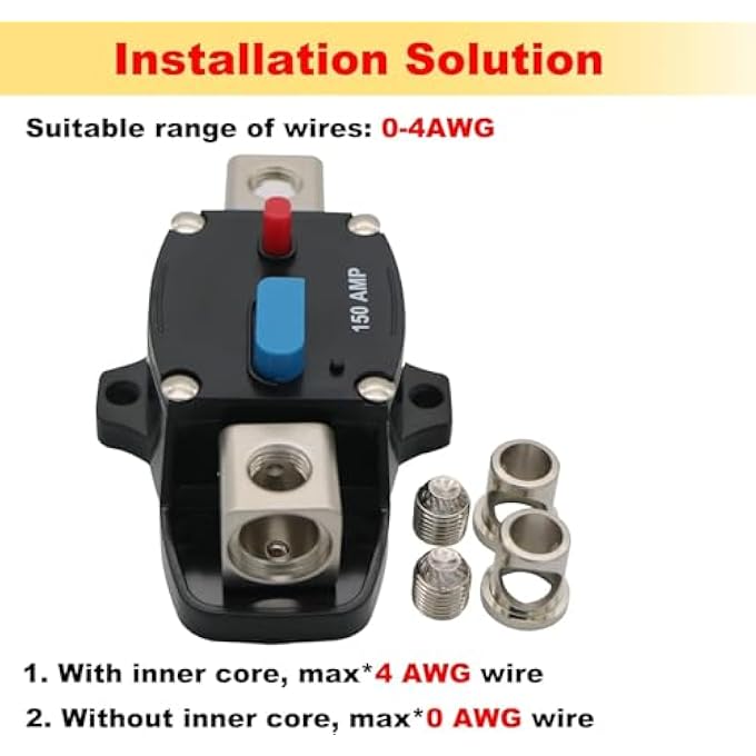 ريحني قاطع الدائرة 150A 1248 فولت تيار مستمر مقاوم للماء وإعادة ضبط تلقائي لحماية الدائرة الكهربائية، مفتاح طاقة ثقيل للصوت في السيارات RV، القوارب البحرية وأنظمة الطاقة الشمسية - Image 5