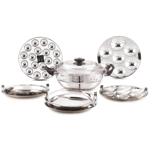 JVL Triply 5-in-1 Multi Kadai Steamer with Stainless Steel lid, Bottom Kadai, 2 Dhokla, 2Idli Plates(14 Idlies), 1 Steamer Plate & 1 Mini Idli Plate – Induction & Gas Compatible (Big (3.5L)) - Image 1