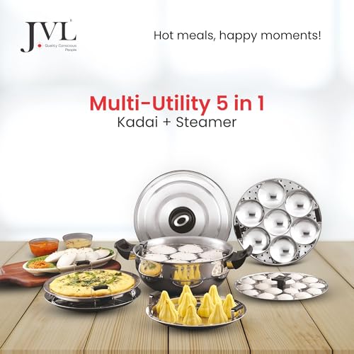 JVL Triply 5-in-1 Multi Kadai Steamer with Stainless Steel lid, Bottom Kadai, 2 Dhokla, 2Idli Plates(14 Idlies), 1 Steamer Plate & 1 Mini Idli Plate – Induction & Gas Compatible (Big (3.5L)) - Image 3