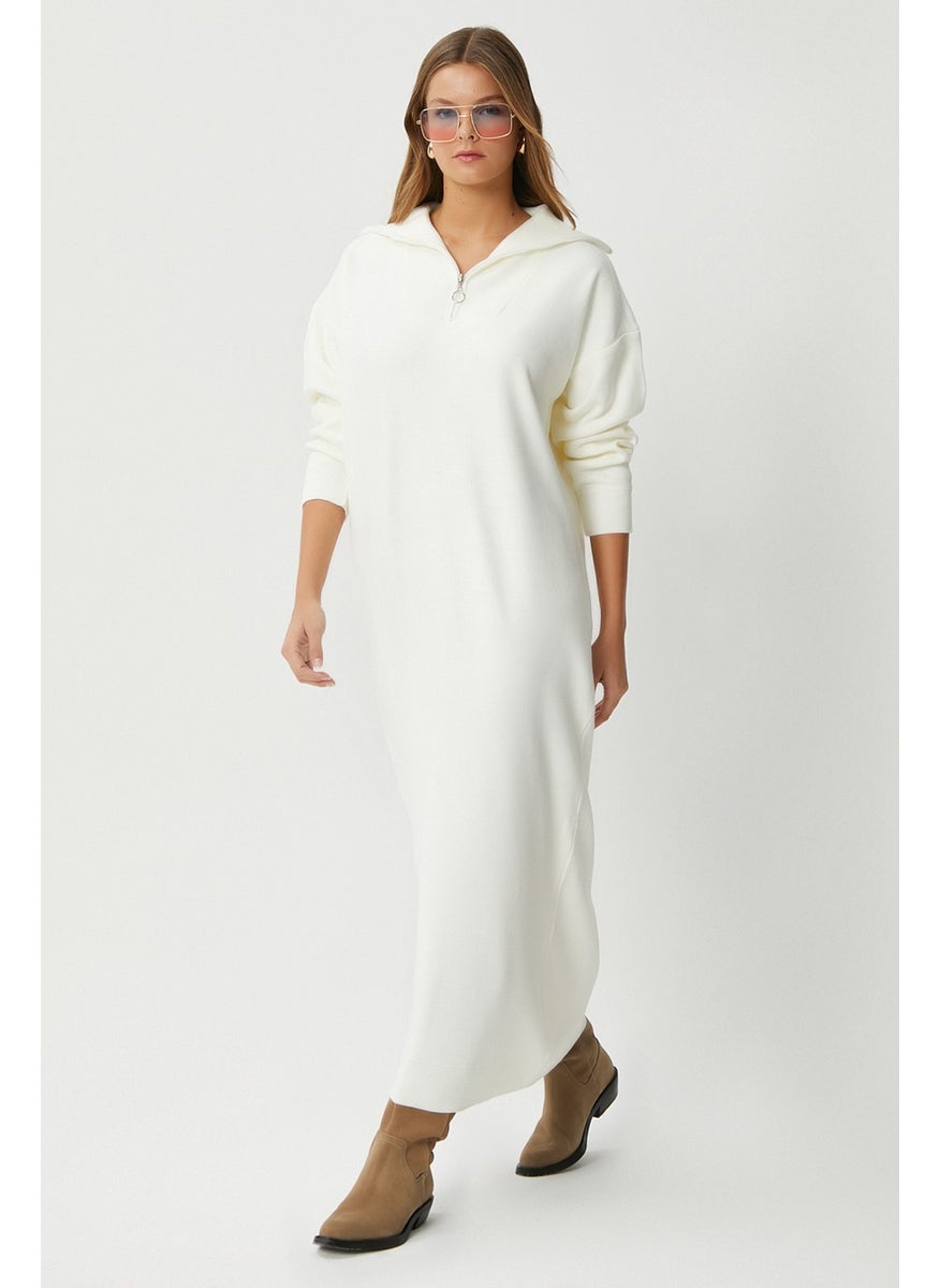 Ritnice - Women's Magie Polo Collar Zippered Cream Long Knit Dress - Image 1