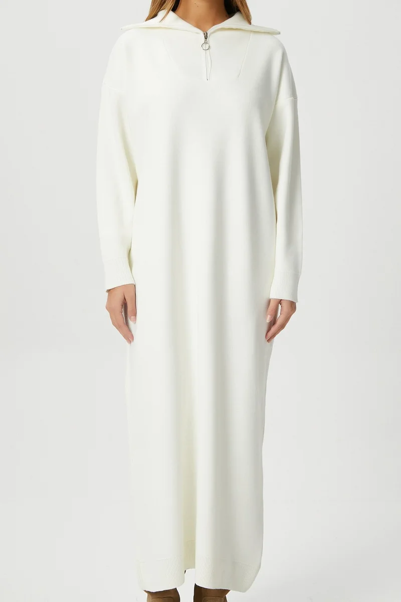 Ritnice Women's Magie Polo Collar Zippered Cream Long Knit Dress