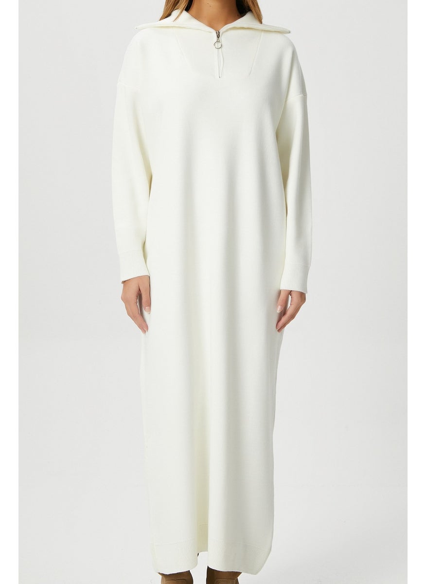 Ritnice - Women's Magie Polo Collar Zippered Cream Long Knit Dress - Image 1
