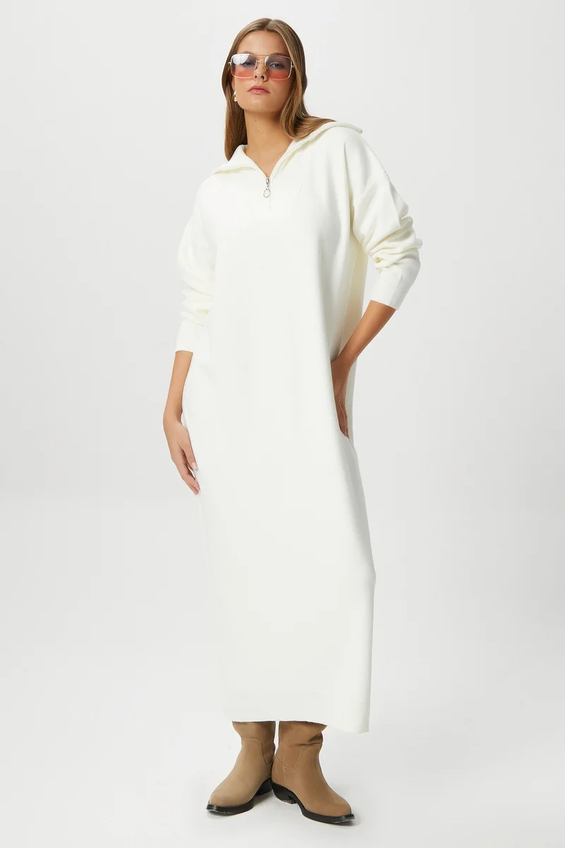 Ritnice Women's Magie Polo Collar Zippered Cream Long Knit Dress