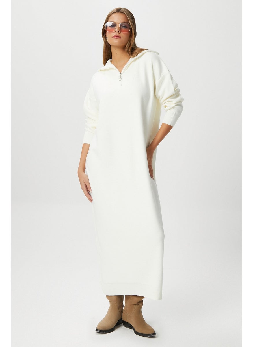 Ritnice - Women's Magie Polo Collar Zippered Cream Long Knit Dress - Image 1