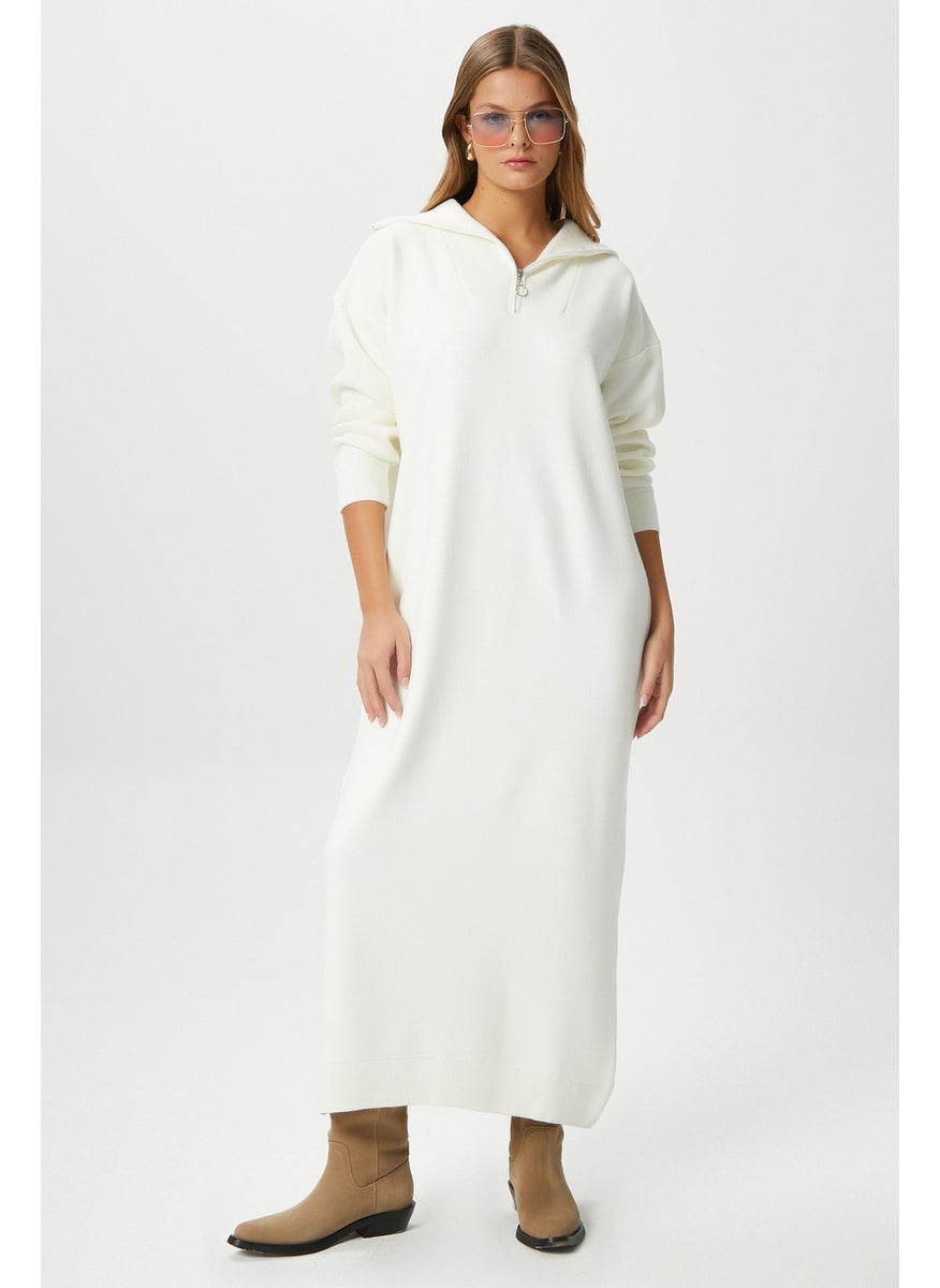 Ritnice - Women's Magie Polo Collar Zippered Cream Long Knit Dress - Image 1