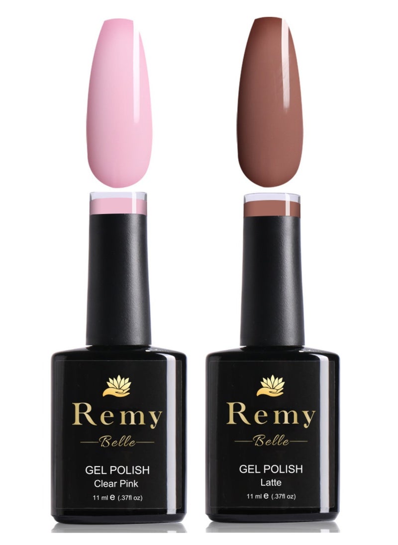 Remy Belle Gel Nail Polish Set 2 x 11 ml, Clear Pink and Latte, Requires Curing Nails Under UV Light or LED Lamp  - Image 1