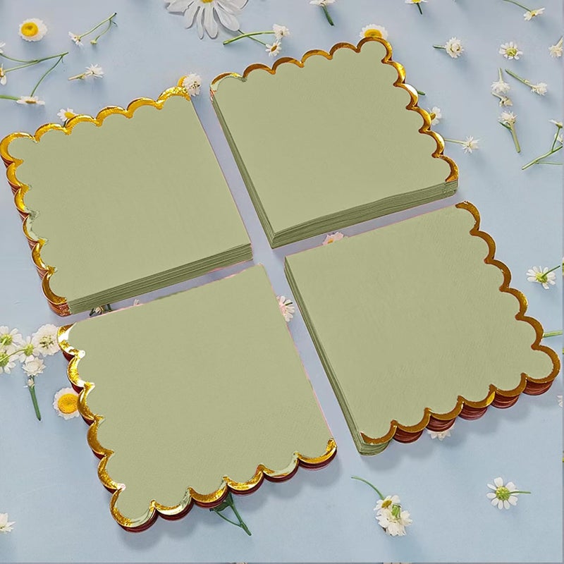 Leapig 100 Pack Sage Green Cocktail Napkins With Gold Foil Accents Scalloped Edges 5 X 5 Inch Beverage Disposable Napkin Party Decoration Wedding Bridal And Baby Shower Dinner Lunch Supplies - Image 3