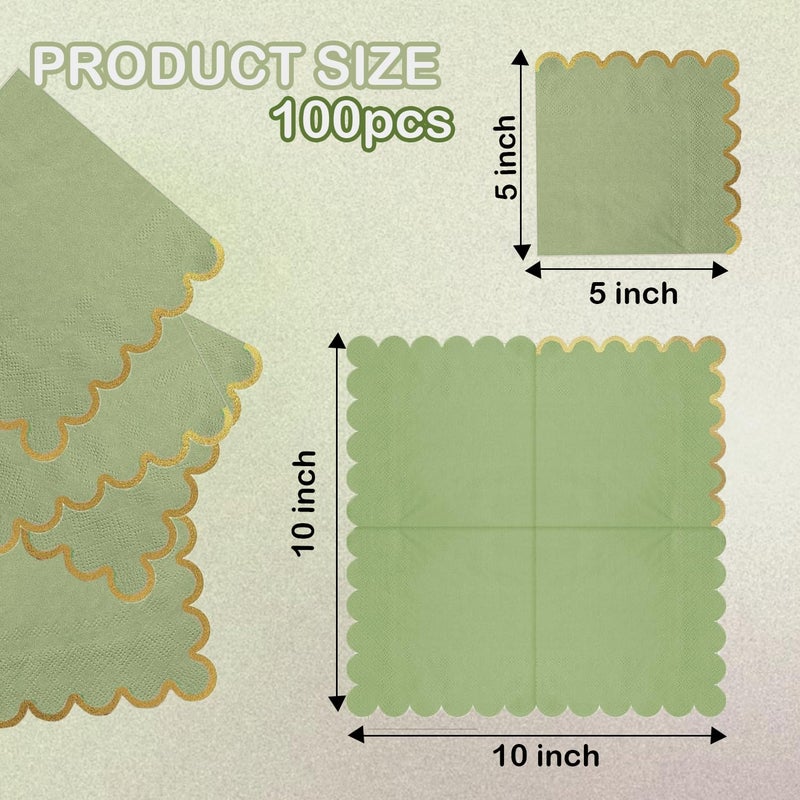 Leapig 100 Pack Sage Green Cocktail Napkins With Gold Foil Accents Scalloped Edges 5 X 5 Inch Beverage Disposable Napkin Party Decoration Wedding Bridal And Baby Shower Dinner Lunch Supplies - Image 2