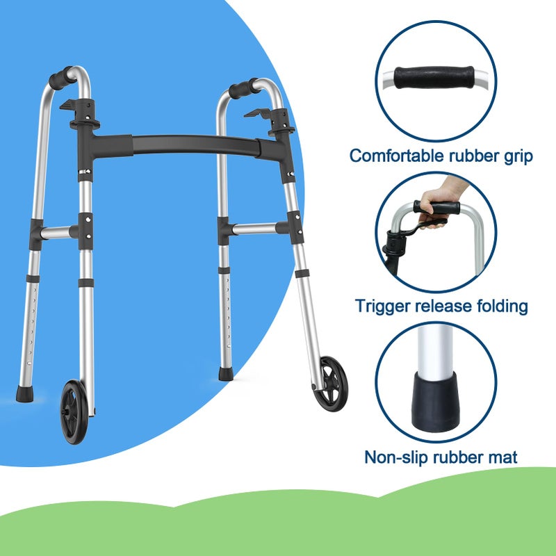 Loyoda Walkers for Seniors, Folding Walker with Ski Glides 5'' Front Wheel Medical Lightweight Walker Height Adjustable Aluminum Standard Walker for Handicap and Adults (Silver) - Image 2