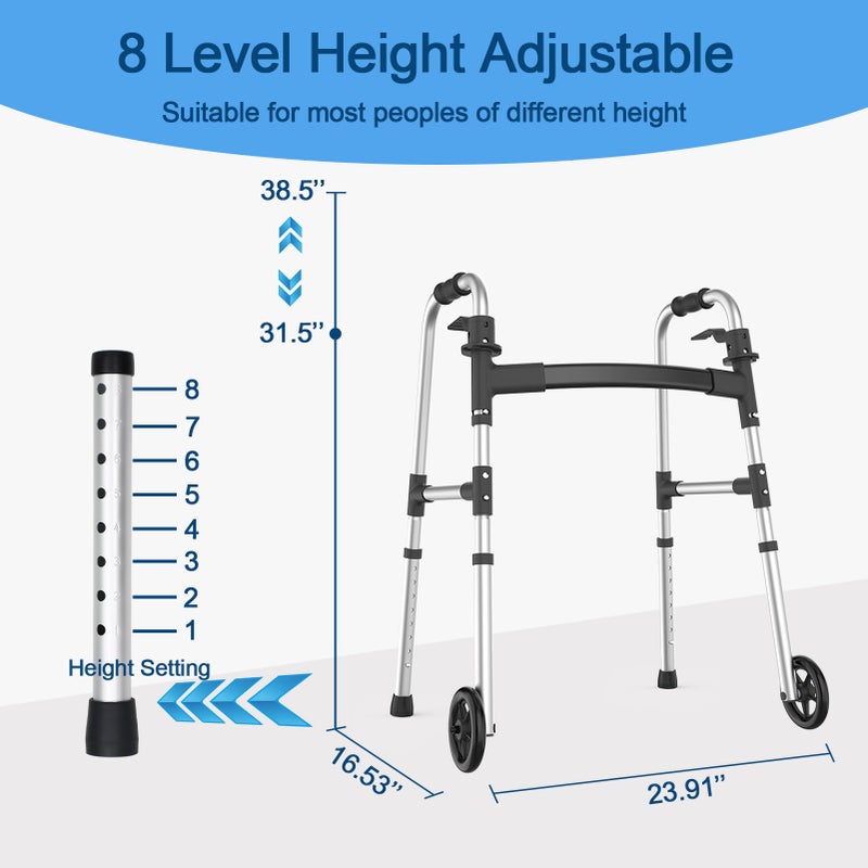 Loyoda Walkers for Seniors, Folding Walker with Ski Glides 5'' Front Wheel Medical Lightweight Walker Height Adjustable Aluminum Standard Walker for Handicap and Adults (Silver) - Image 3