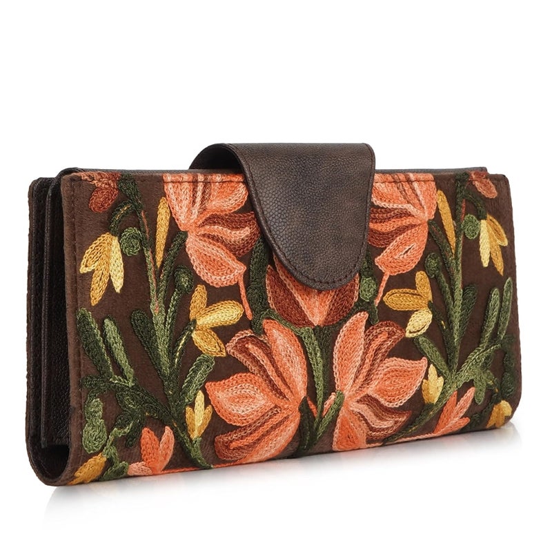 EVEDA Floral Embroidered Wallet for Women, GreenPU Leather with Pink Flowers, Multi Compartment with Magnetic Button (Brown) - Image 1