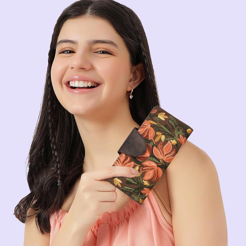 EVEDA Floral Embroidered Wallet for Women, GreenPU Leather with Pink Flowers, Multi Compartment with Magnetic Button (Brown) - Image 5