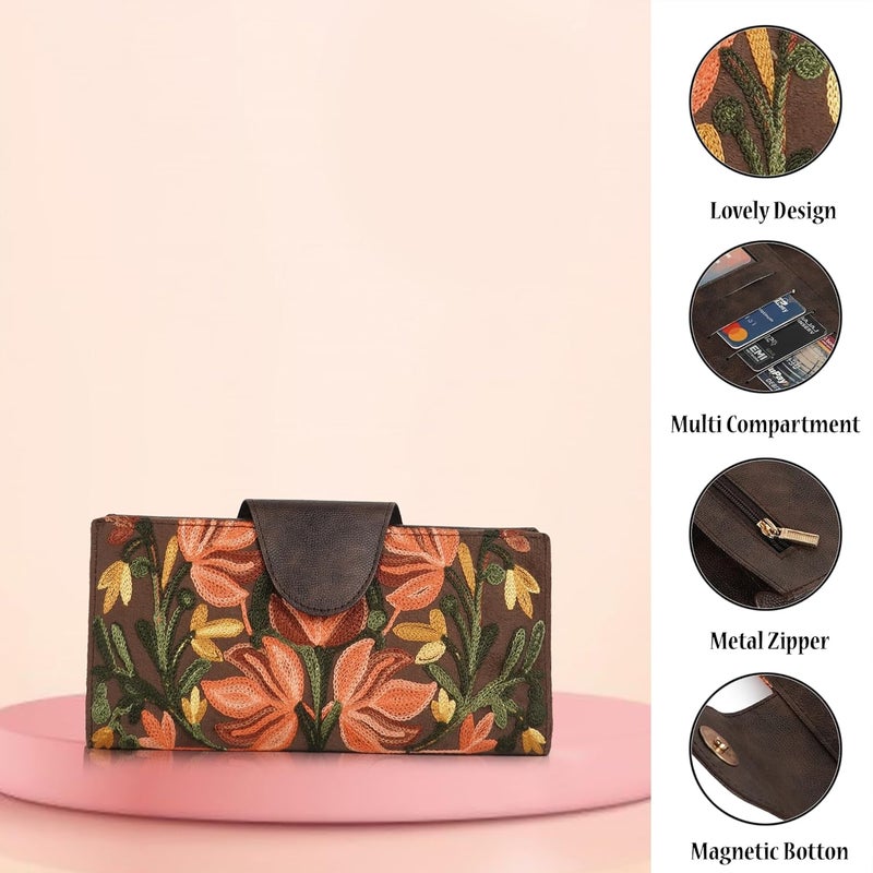EVEDA Floral Embroidered Wallet for Women, GreenPU Leather with Pink Flowers, Multi Compartment with Magnetic Button (Brown) - Image 3