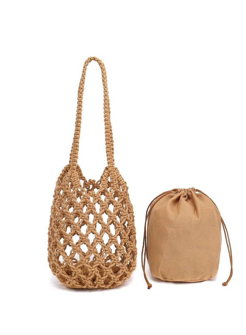 Luckam , Woven Bucket Handbag for Women, Summer Beach Tote Bag Drawstring Shoulder Bag, Girls Handmade Bucket Bag for Travel Beach - Image 3