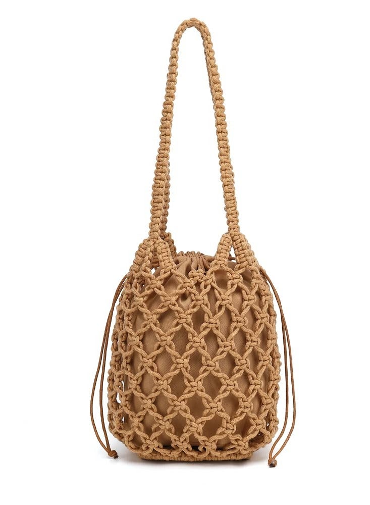 Luckam , Woven Bucket Handbag for Women, Summer Beach Tote Bag Drawstring Shoulder Bag, Girls Handmade Bucket Bag for Travel Beach - Image 1