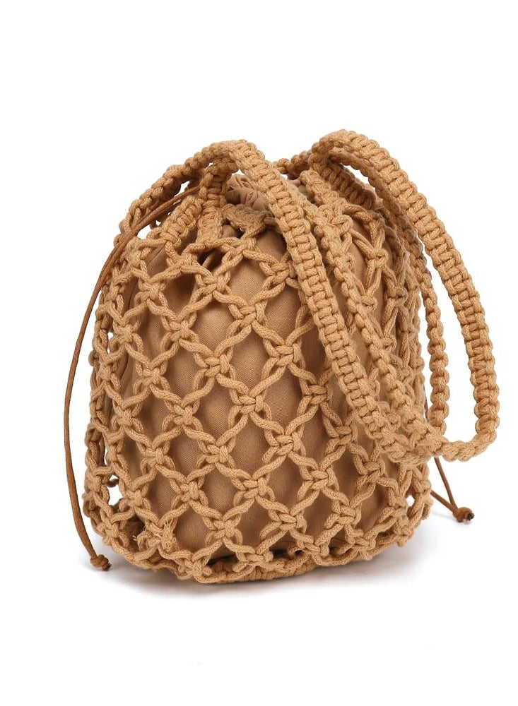 Luckam , Woven Bucket Handbag for Women, Summer Beach Tote Bag Drawstring Shoulder Bag, Girls Handmade Bucket Bag for Travel Beach - Image 5