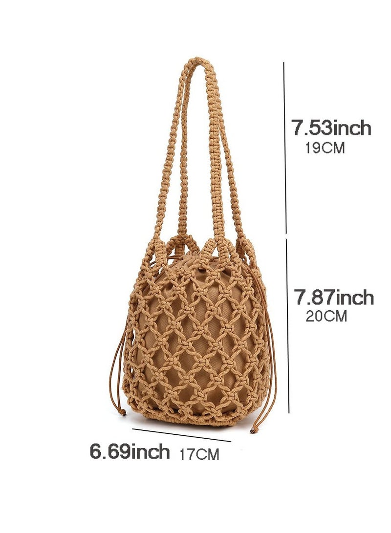 Luckam , Woven Bucket Handbag for Women, Summer Beach Tote Bag Drawstring Shoulder Bag, Girls Handmade Bucket Bag for Travel Beach - Image 2