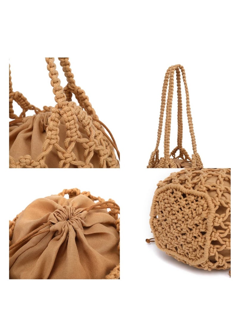 Luckam , Woven Bucket Handbag for Women, Summer Beach Tote Bag Drawstring Shoulder Bag, Girls Handmade Bucket Bag for Travel Beach - Image 4