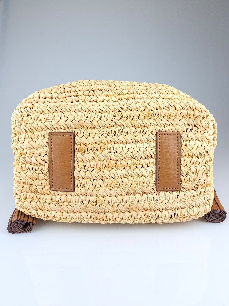 Anya Summer Beach Bag Bucket Bag Cowhide Woven Raffia Crossbody Handbag Shoulder Bag With Label - Image 5