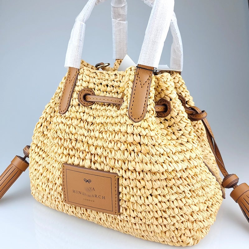 Anya Summer Beach Bag Bucket Bag Cowhide Woven Raffia Crossbody Handbag Shoulder Bag With Label - Image 1
