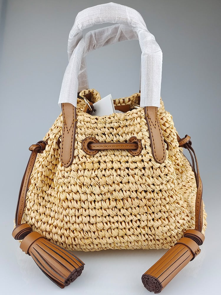 Anya Summer Beach Bag Bucket Bag Cowhide Woven Raffia Crossbody Handbag Shoulder Bag With Label - Image 4