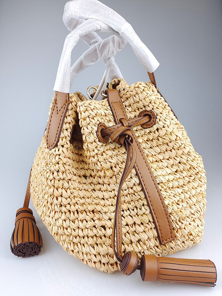 Anya Summer Beach Bag Bucket Bag Cowhide Woven Raffia Crossbody Handbag Shoulder Bag With Label - Image 3